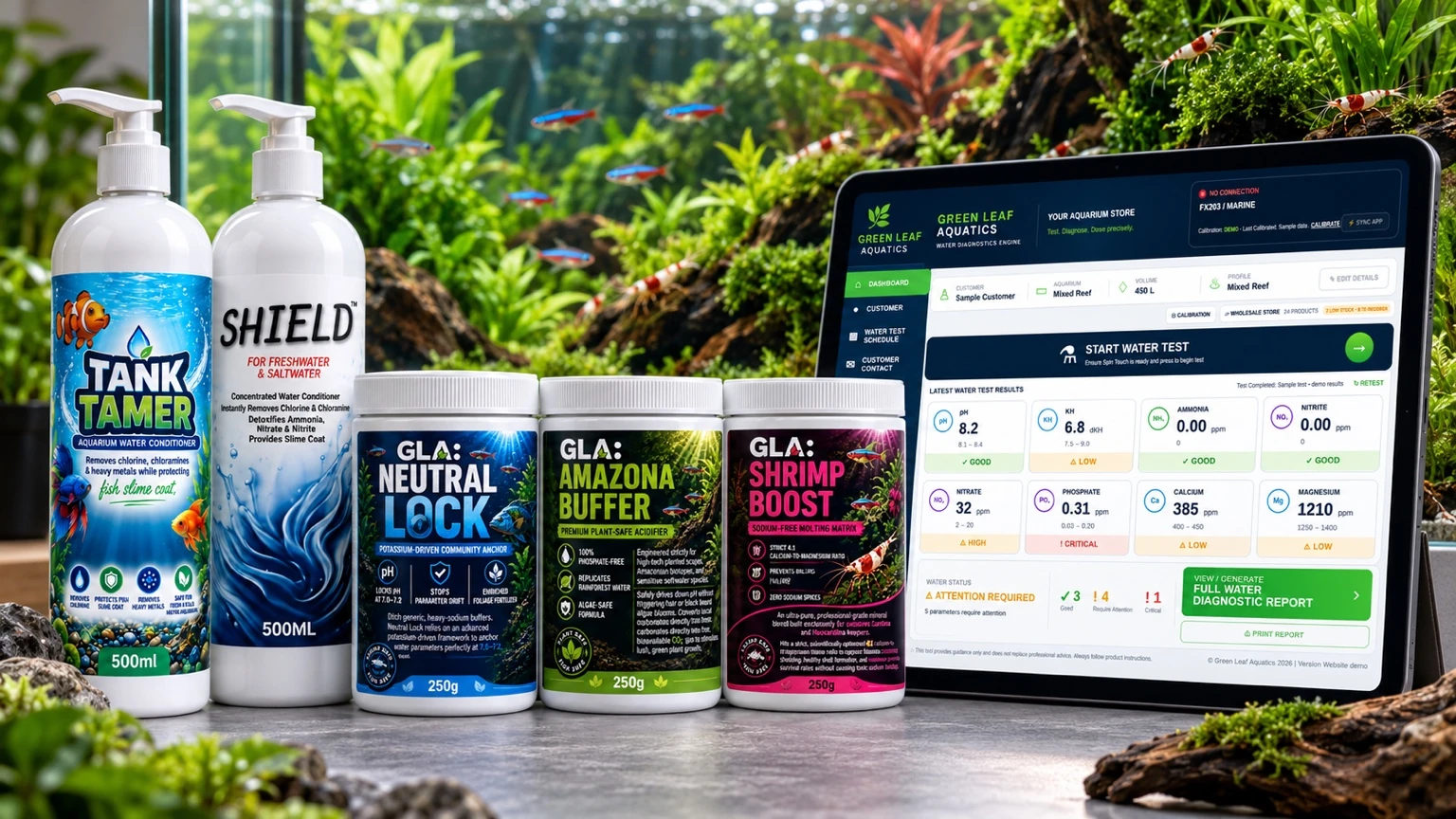 Green Leaf Aquatics aquarium care products displayed alongside the computerised water-testing dashboard