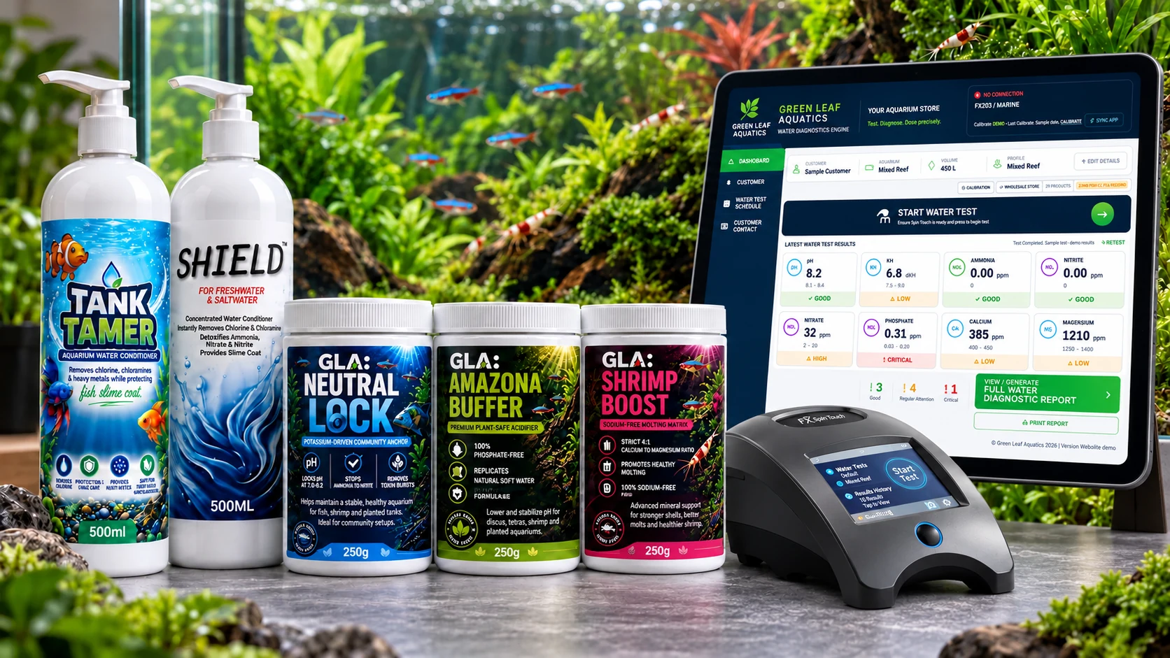 Green Leaf Aquatics computerised aquarium water testing, showing the Spin Touch FX machine, diagnostic dashboard and aquarium care products