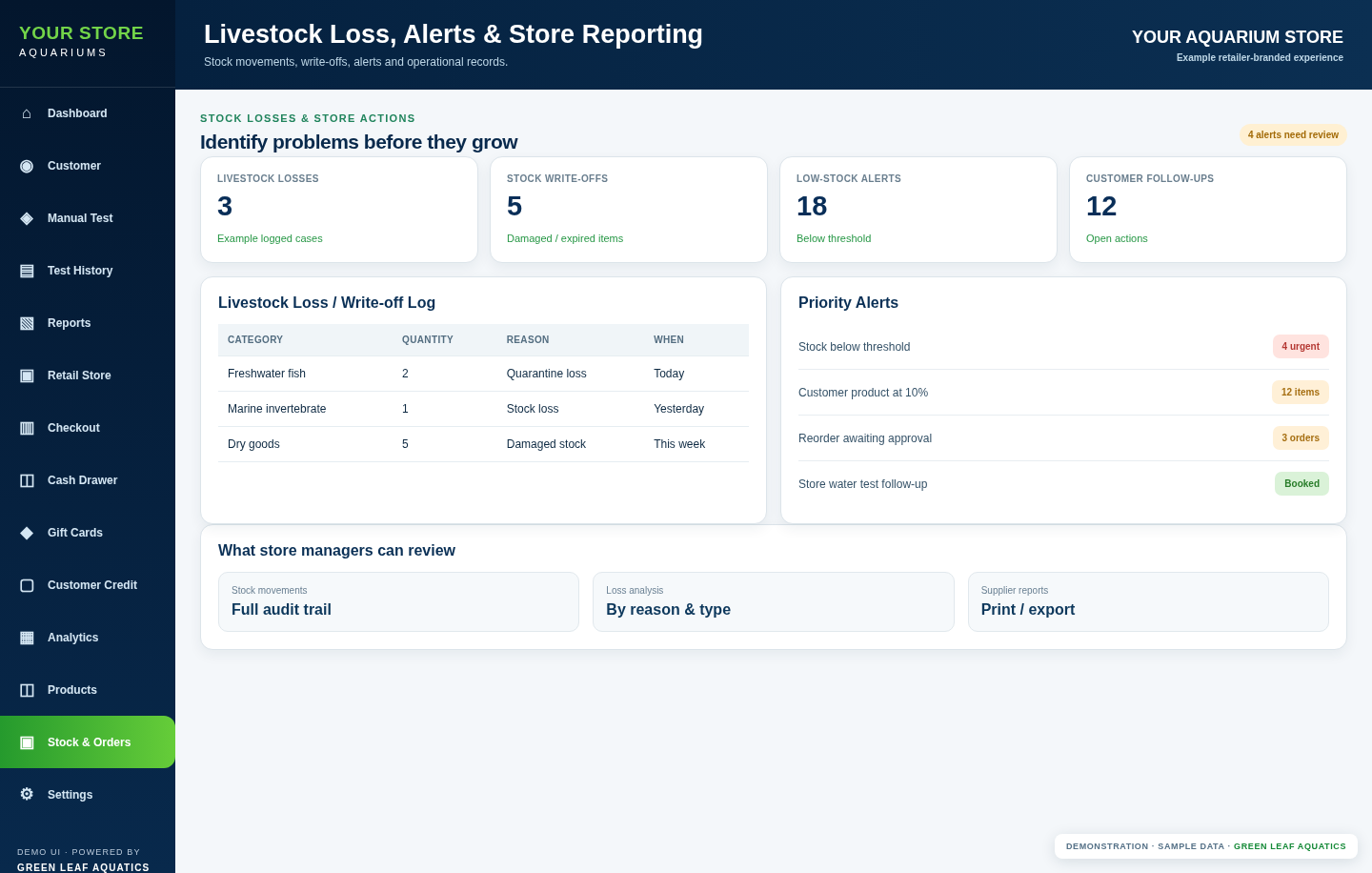 Sanitised example of Green Leaf Aquatics Livestock losses and alerts screen with fictional values and generic store branding